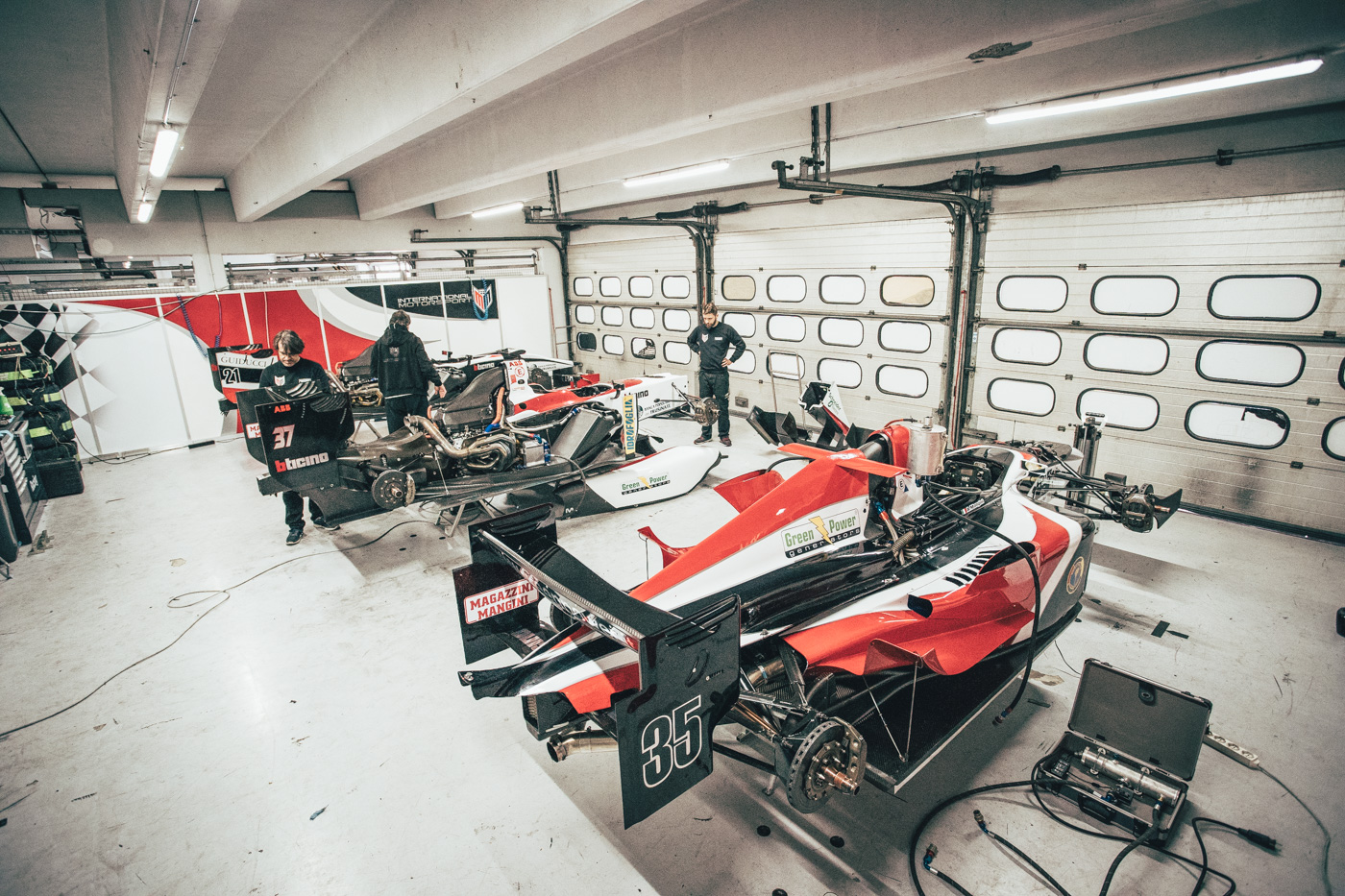 GP2 cars from MM International in the pit garage